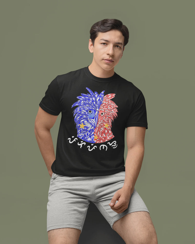 Man wearing a black Philippine Eagle Baybayin shirt, studio portrait