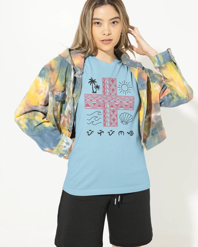 Ocean blue Pilipinas shirt worn by a model, a relaxed take on this Baybayin-inspired heritage shirt.