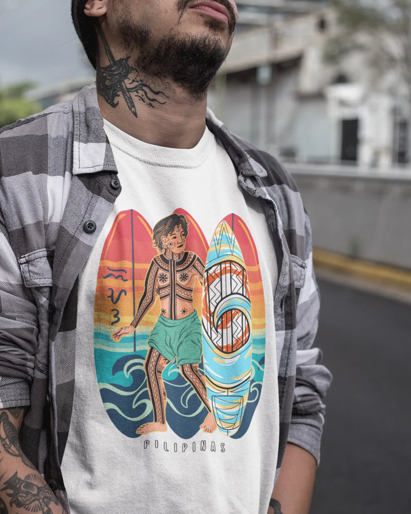 Pinoy on the street in the white surfing Philippines shirt with Badlit lettering