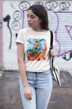 Filipina wearing a white Pinoy t-shirt with a colorful graphic design showing a Visayan Figure and pre-colonial script
