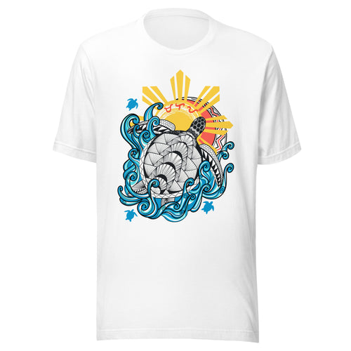 A white unisex t-shirt showing a tribal-patterned sea turtle swimming in blue waves beneath a golden Philippine sun, featuring the Baybayin script for Malaya.