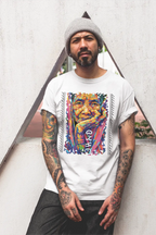 Filipino Man wearing a cotton Apo Whang Od T-shirt with vibrant tattoo art tribute and Baybayin Batikan lettering on it.