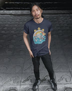 Navy Baybayin koi shirt worn by a pinoy man outdoors, filipino tribal art shirt with ocean wave design.