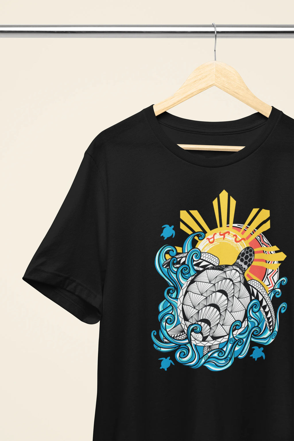 Baybayin Malaya Pawikan tee in black – close-up hanging detail of the turtle graphic