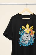 Baybayin Malaya Pawikan tee in black – close-up hanging detail of the turtle graphic