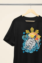 Baybayin Malaya Pawikan tee in black – close-up hanging detail of the turtle graphic