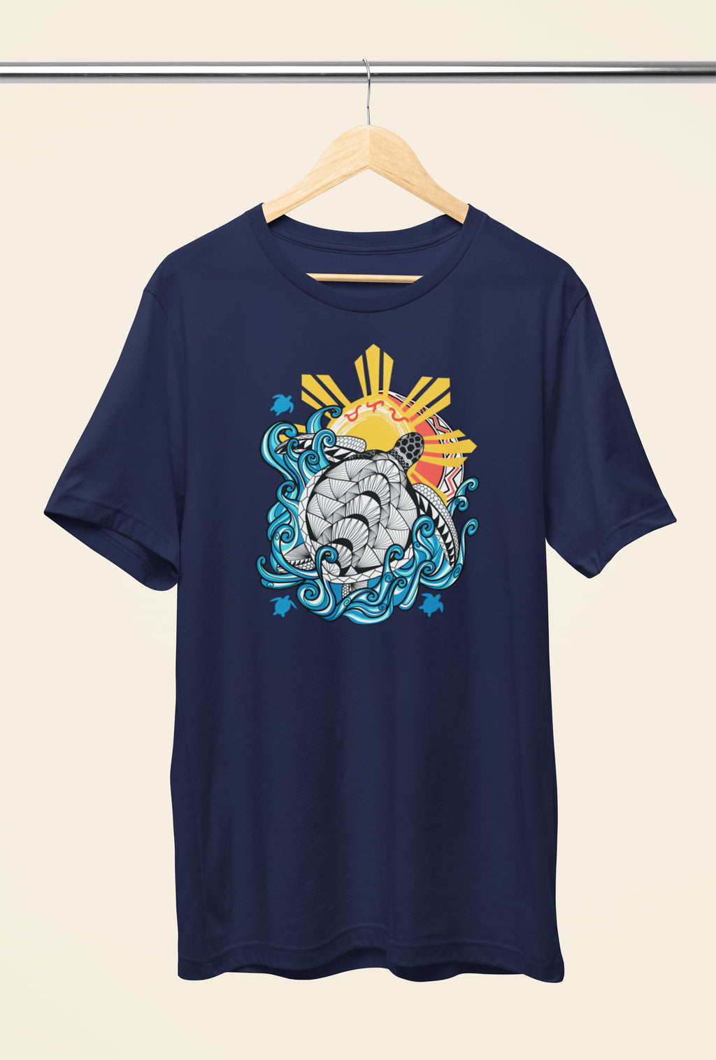Baybayin Malaya Pawikan tee in navy – hanging product detail, baybayin clothing