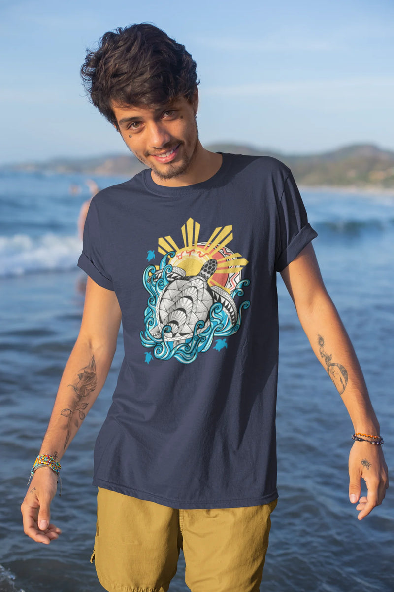 Baybayin Malaya Pawikan tee in navy – worn by a tattooed Filipino in El Nido