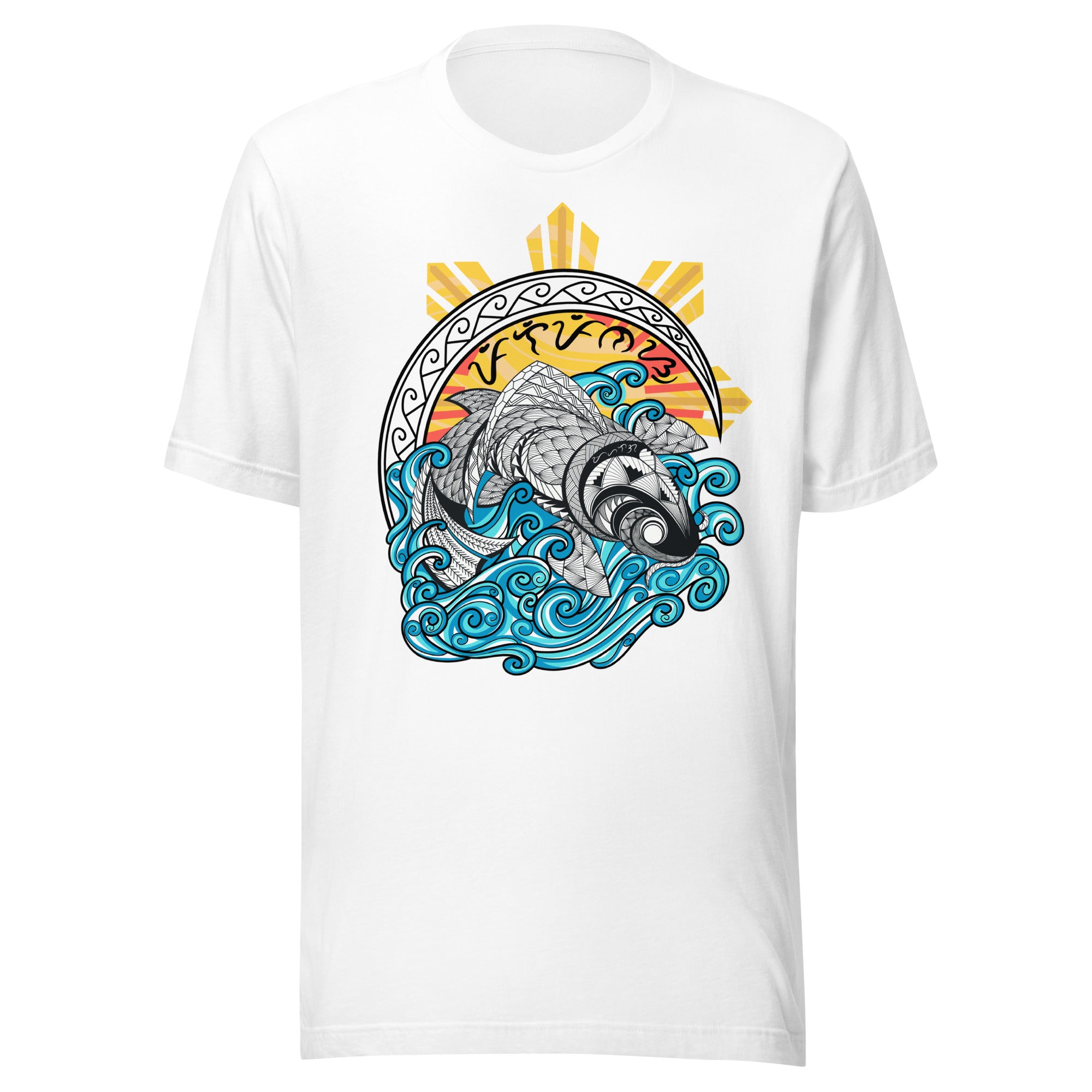 Graphic t-shirt featuring a stylized fish covered in intricate geometric tribal patterns, jumping out of swirling blue ocean waves. Behind it is a stylized Philippine sun and a crescent with traditional weaving patterns. The Baybayin script for "Pilipinas" is arched across the top.