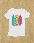 White suwat bisaya shirt flat lay on a woven banig mat, Badlit script design
