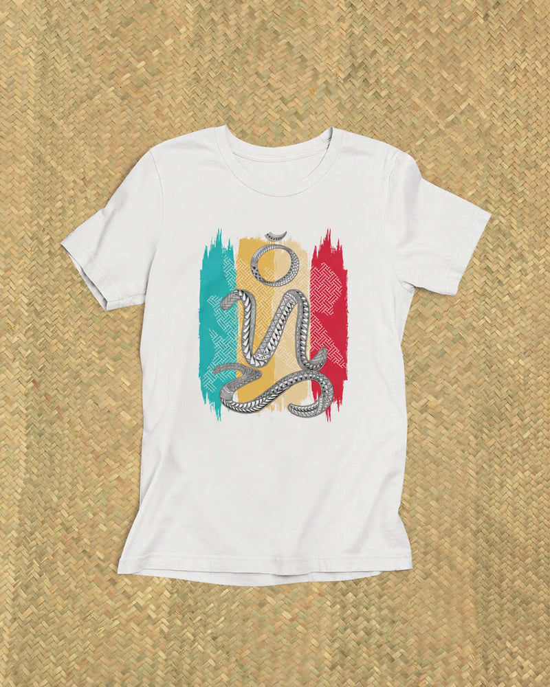 White suwat bisaya shirt flat lay on a woven banig mat, Badlit script design