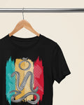 Black badlit shirt on a wooden hanger, close-up of the Suwat Bisaya script
