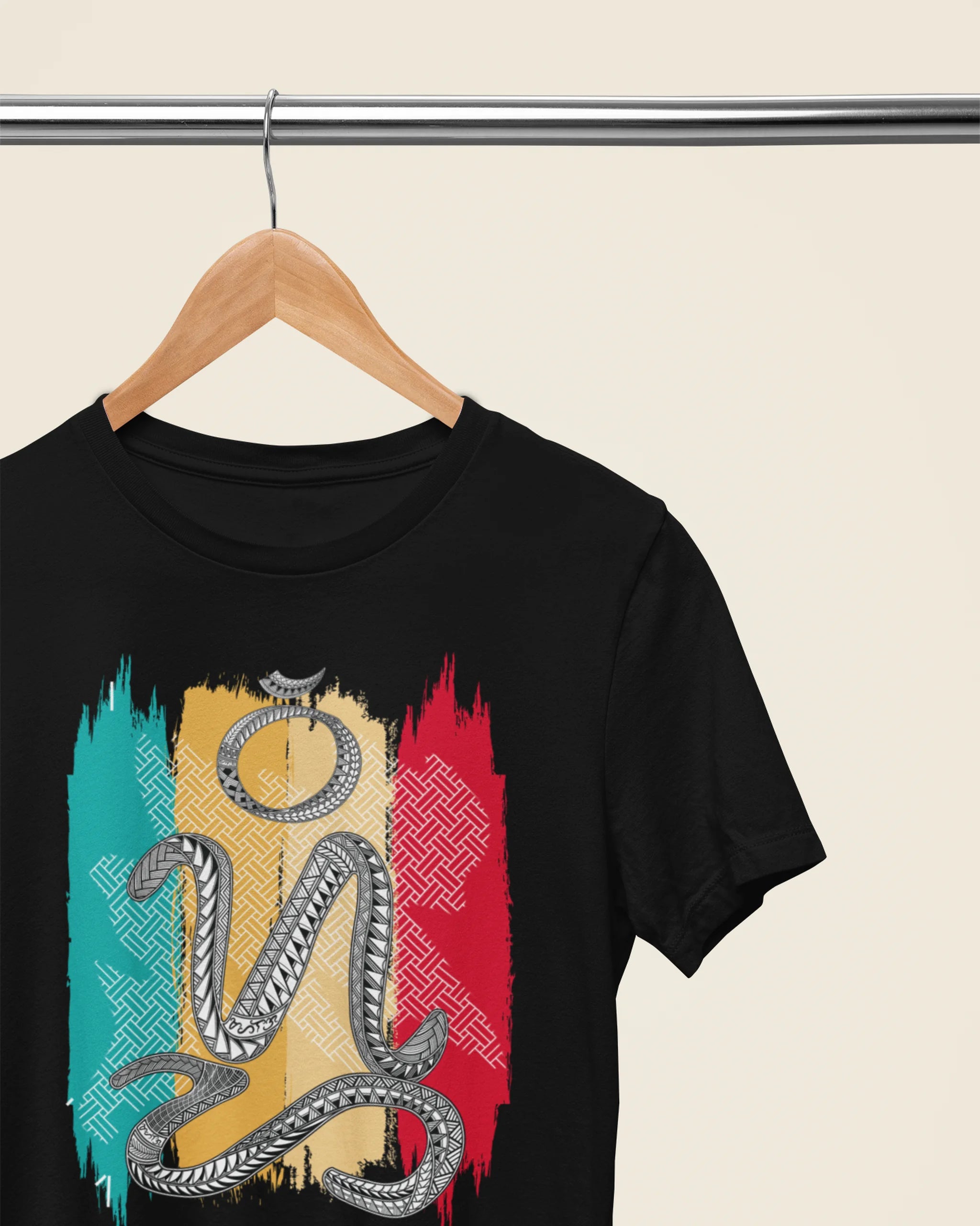 Black badlit shirt on a wooden hanger, close-up of the Suwat Bisaya script