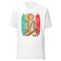 Graphic t-shirt featuring the word "Bisaya" written in the pre-colonial Badlit script. The characters are covered in intricate geometric tribal patterns and arranged vertically to imitate a meditating figure. Behind the script are three vertical, textured color blocks in green, orange, and red, resembling woven fabric.