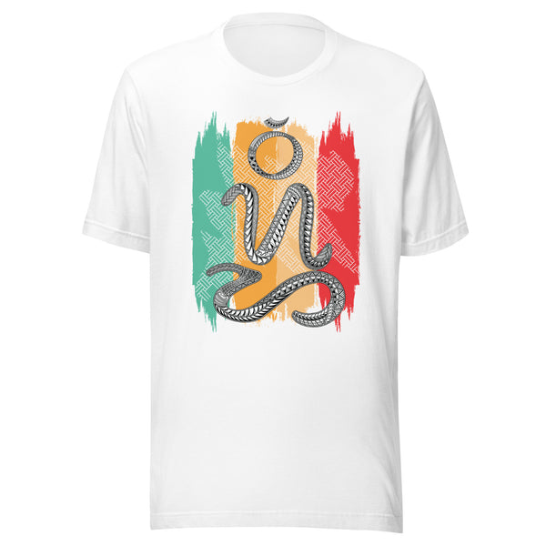 Graphic t-shirt featuring the word "Bisaya" written in the pre-colonial Badlit script. The characters are covered in intricate geometric tribal patterns and arranged vertically to imitate a meditating figure. Behind the script are three vertical, textured color blocks in green, orange, and red, resembling woven fabric.