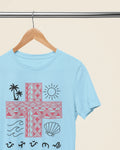 Ocean blue Pilipinas shirt on a hanger, close-up detail of the Baybayin script and tribal pattern.