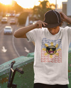Filipino teen with his bike wearing a Baybayin t-shirt, everyday filipino streetwear brand style.