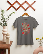 Asphalt grey bisaya shirt on a hanger, featuring the Visayan leopard cat Badlit script