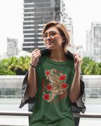 Model posing streetside in a Badlit tee with Visayan script and leopard cat print