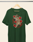 Forest green Badlit unisex tee with Visayan leopard cat design, hanging on display