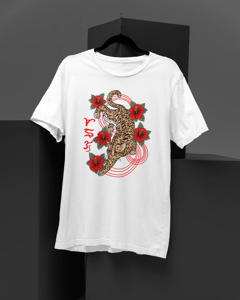 White Badlit shirt on a hanger, showcasing the visayan script cebuano identity leopard cat print
