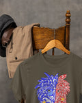 Army green Philippine Eagle Pilipinas Baybayin shirt hanging on a vintage chair