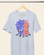 Light blue Philippine Eagle Pilipinas Baybayin tee on a wooden hanger