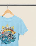 Ocean blue Pilipinas koi shirt on a wooden hanger, true-color view of the tribal art design.