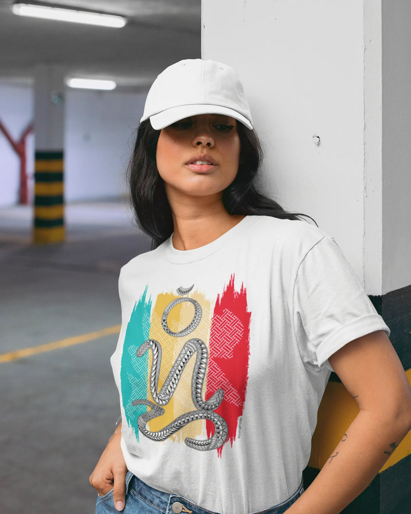 Woman in a white bisaya shirt with Badlit suwat script, standing in a parking lot