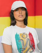 Woman wearing a white suwat bisaya shirt, Badlit design, leaning against a bold wall