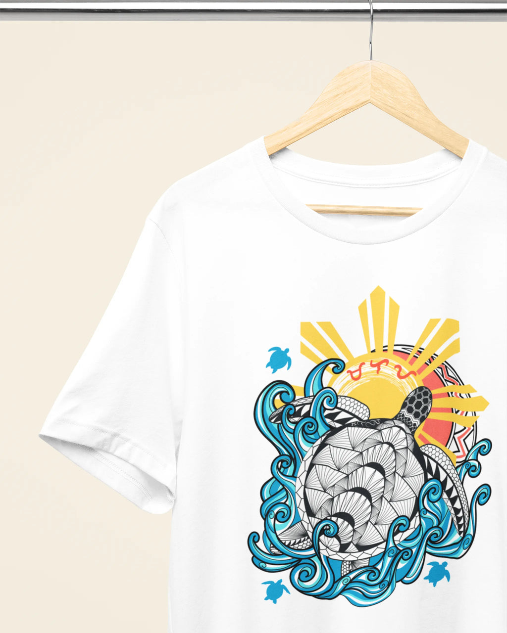 Baybayin Malaya Pawikan tee in white – hanging product detail, Filipino pride shirt
